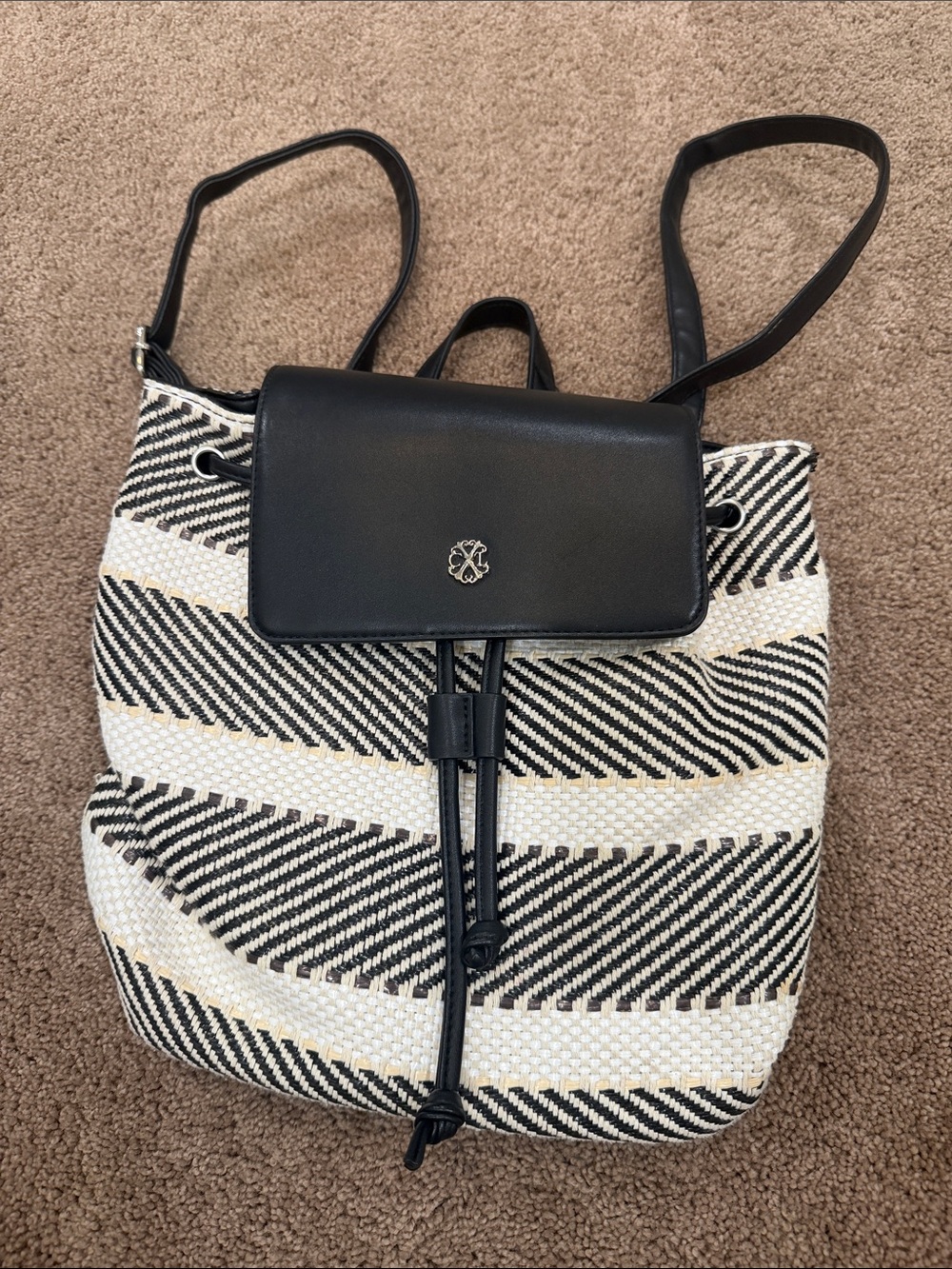 Christian Lacroix Black and Cream Woven Drawstring Backpack